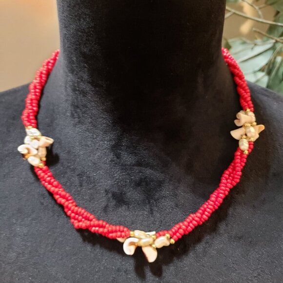Womens Red Coral and Sea Turtles Statement Multi Strand Necklace w/ Berral Clasp - Picture 2 of 6